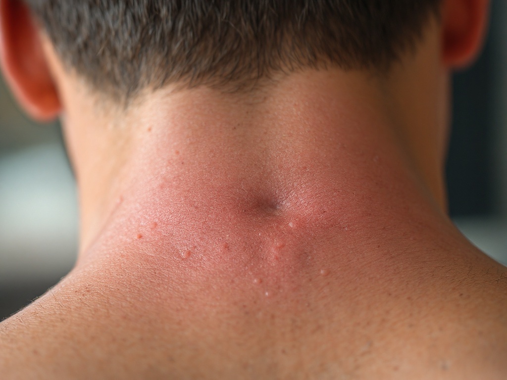 Close-up of firm keloid-like bumps along the back of a person's neck and hairline