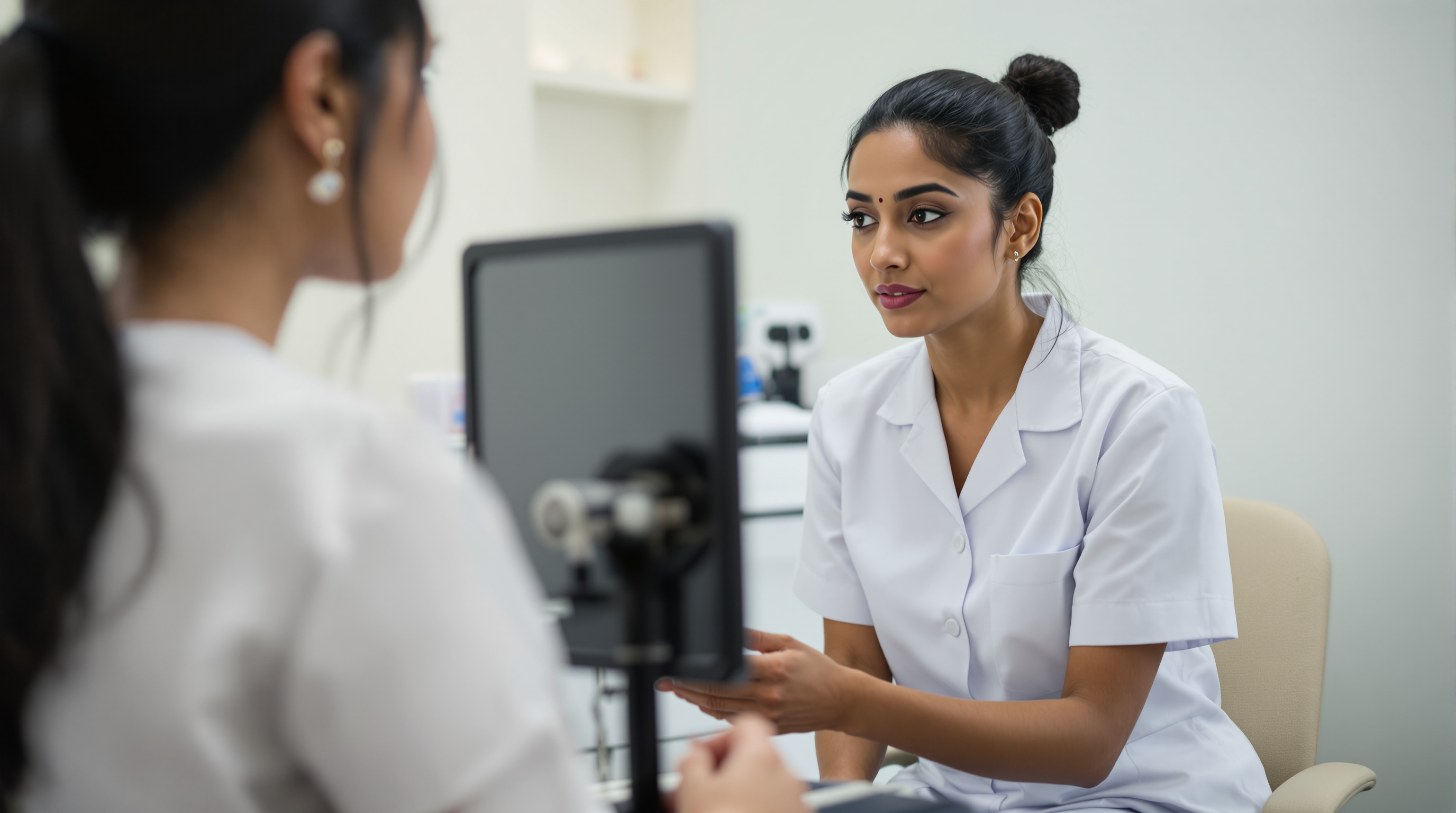 A dermatologist closely examining a raised scar on a patient's shoulder with a handheld dermatoscope in a bright clinic