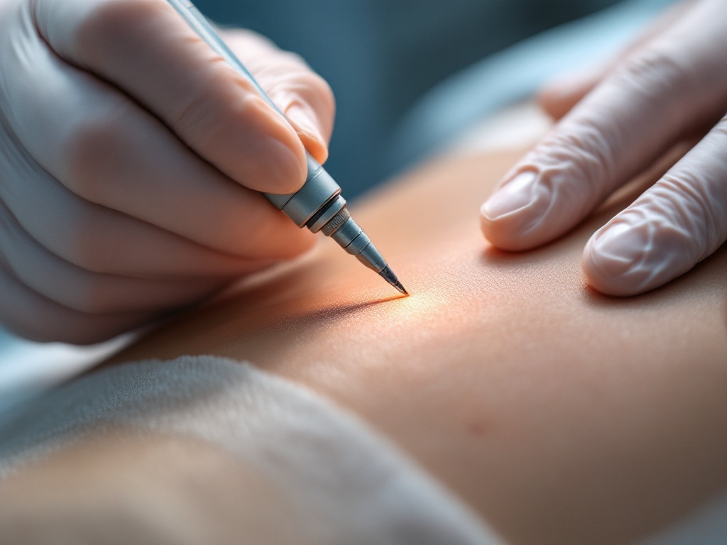 A clinician applying a liquid-nitrogen cryotherapy probe to a small raised scar on a patient's skin