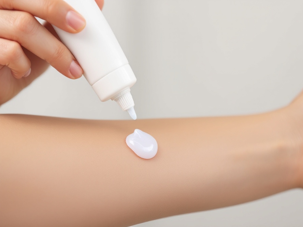 A hand applying clear silicone scar gel from a tube onto a healing scar on the forearm
