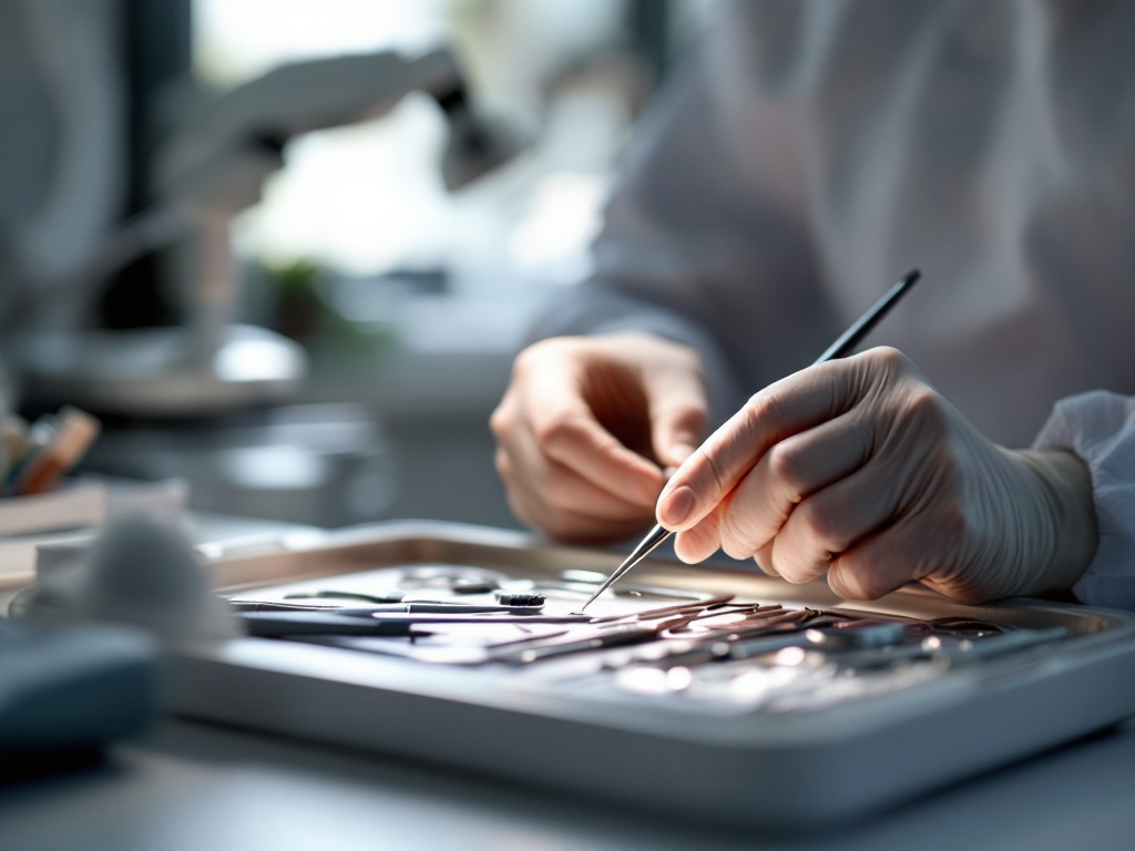 A dermatologic surgeon reviewing a sterile instrument tray with fine sutures and forceps in a minor-procedure room