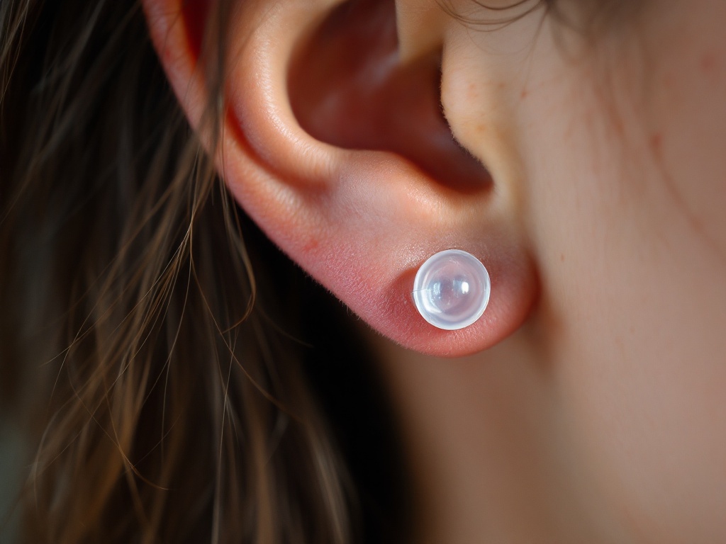 A clear pressure compression earring fitted on a person's earlobe after an ear-piercing keloid in soft daylight
