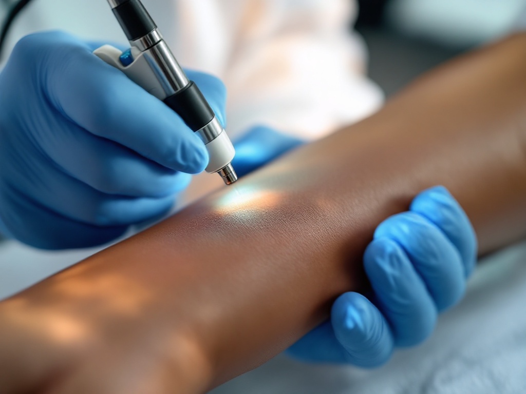 A dermatologist examining a raised scar on a patient's richly pigmented skin with a handheld dermatoscope in a clinic