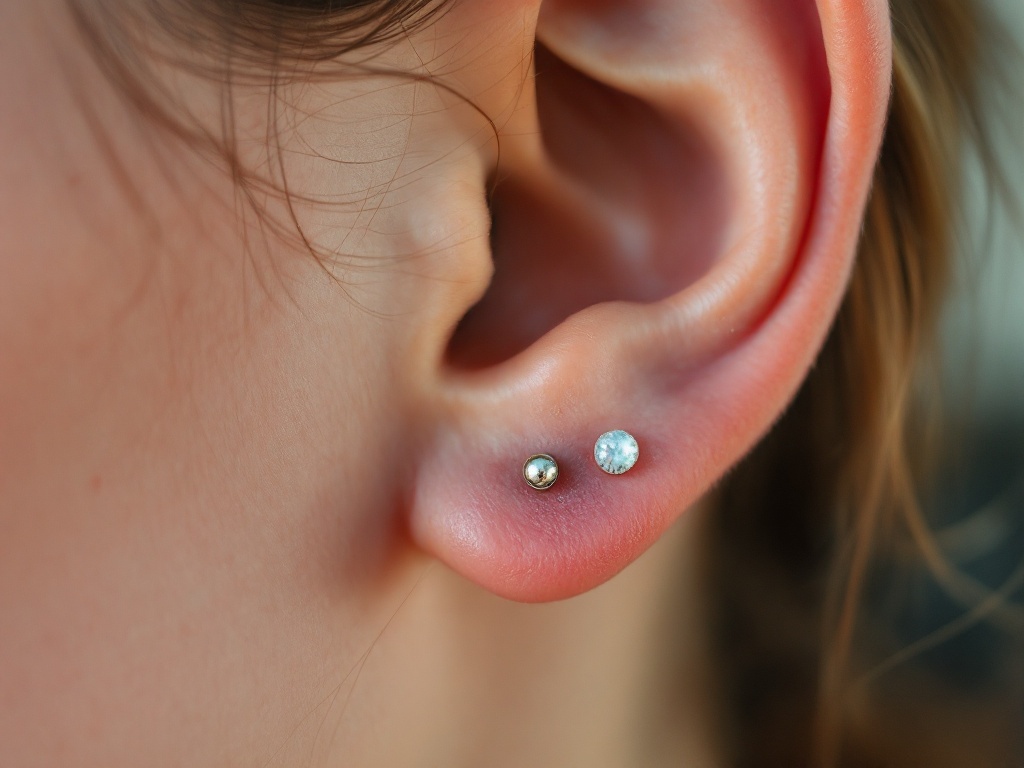 A teenager's earlobe with a small early keloid near a recent piercing in natural light