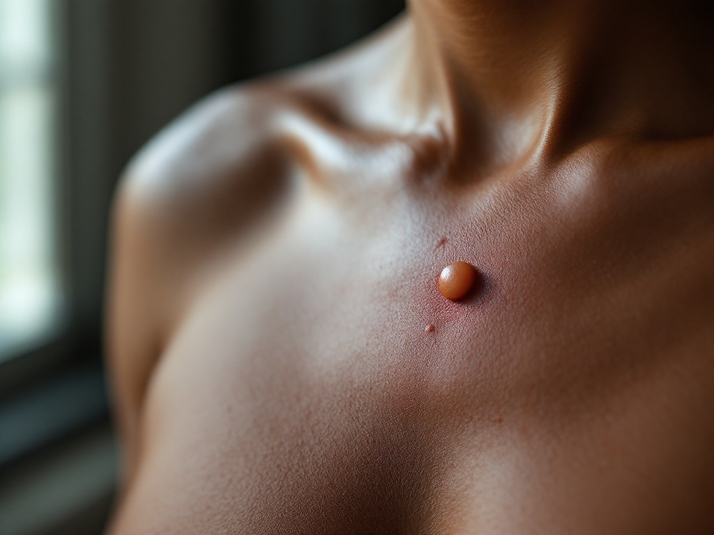 Close-up of a raised keloid scar on a person's upper chest near the breastbone in soft daylight