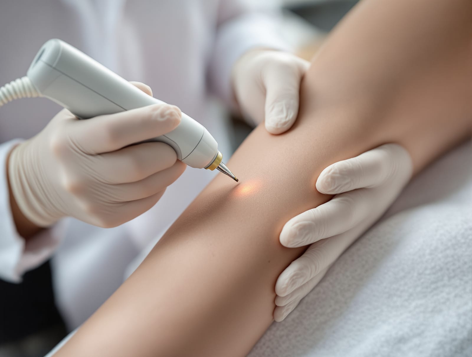 A dermatologist using a handheld laser device to treat a raised scar on a patient's skin in a clinic