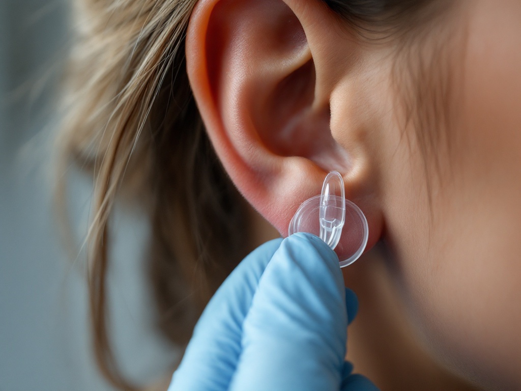A clear pressure compression earring fitted on a person's earlobe after keloid treatment