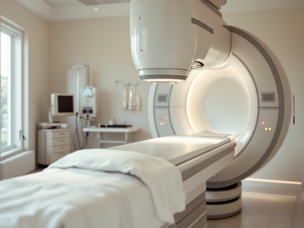 A radiation therapist adjusting a superficial radiotherapy machine in a clean, bright treatment room