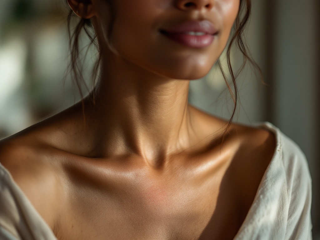 A calm portrait of a person at home with a faint, flattened, well-treated scar on the collarbone