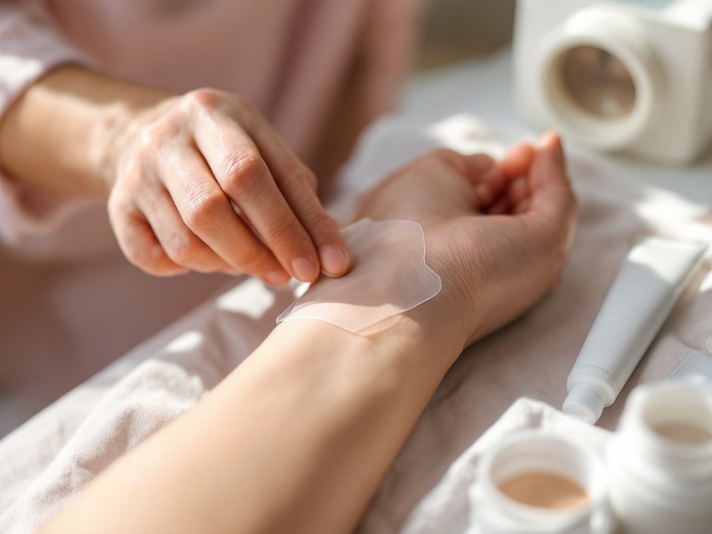A hand smoothing a clear silicone gel sheet onto a healing scar on the forearm on a clean bright surface