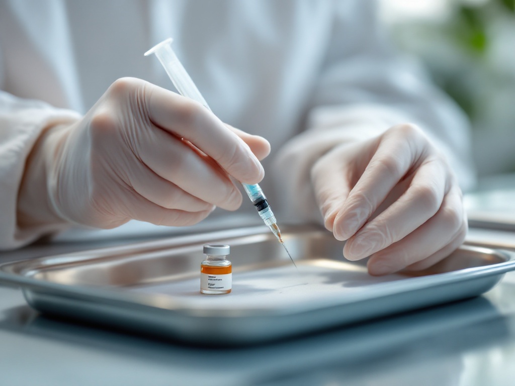 A dermatologist's gloved hands preparing a fine syringe beside a medication vial on a stainless tray in a bright clinic