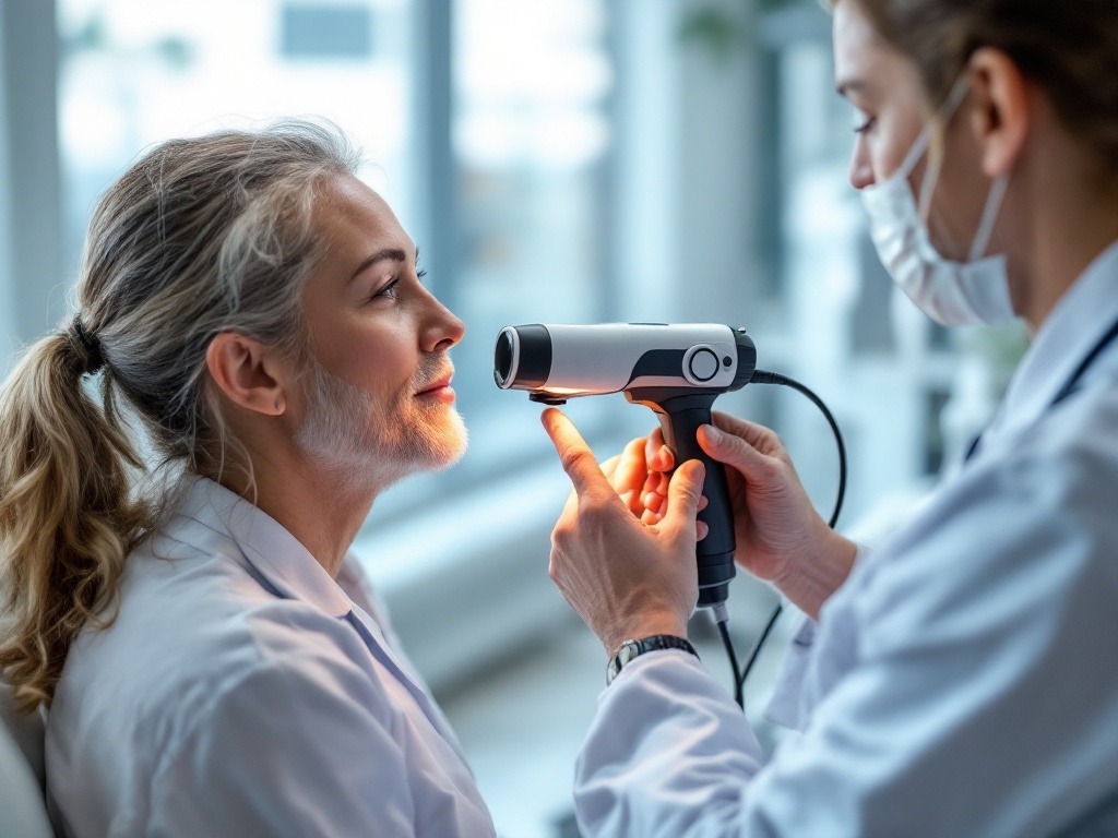 A dermatologist examining a patient's raised scar with a handheld dermatoscope in a clinic